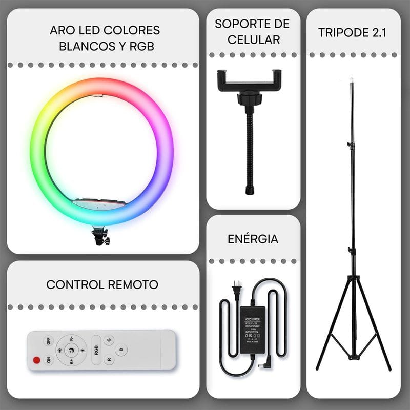 Aro LED de 56 cm RGB + Trípode + Control Remoto